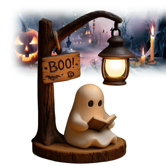 Ghost Reading Book Lamp, Cute Ghost Reading Lantern, 3D Resin Halloween Ghost Night Light Ghost Warm Light Indoor Decor Lamp Glowing Halloween Ghost Decorations for Bedroom Living Room