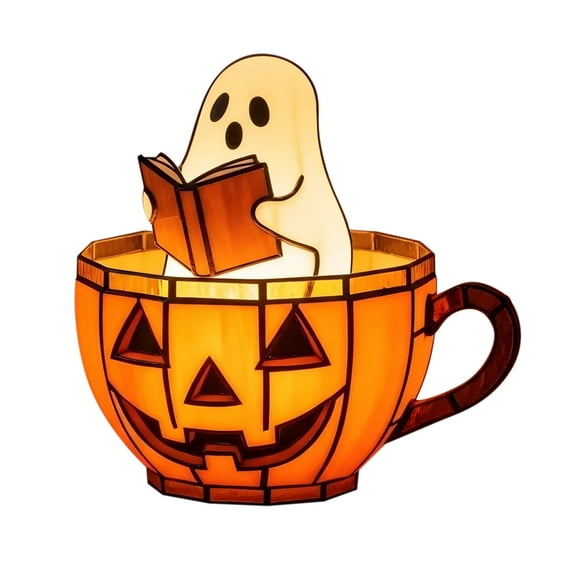 Ghost Reading Book Lamp with Pumpkin Head Coffee Cup Halloween LED Night Light for Reading Corner Bedroom, Readers Bookish Aesthetic Light Gift for Book Lover 3.9"(A)