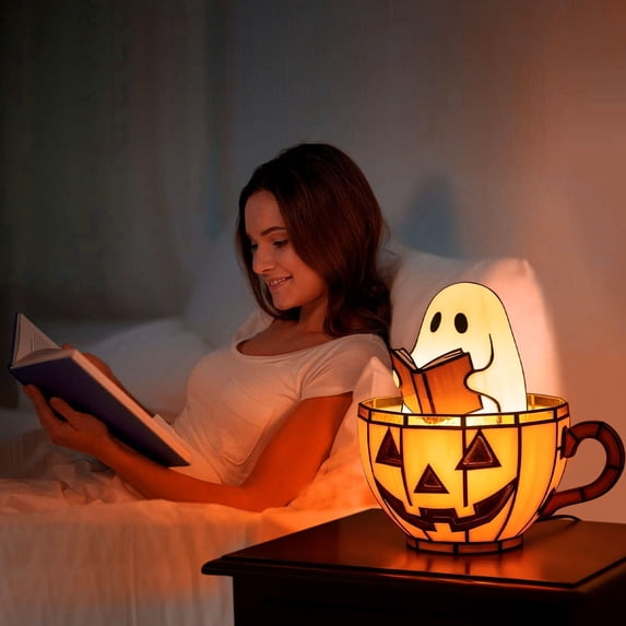Ghost Reading Book Neon Lamp, Cute Ghost Pumpkin USB Powered LED Sign, Book Lover Bookshelf Decor Night Light, Lamp for Bedroom Desk Bookshelf Home Decor