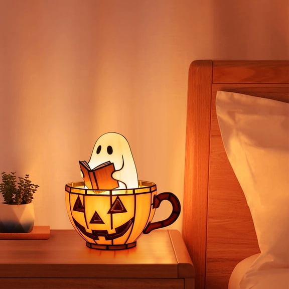 Ghost Reading Book Neon Lamp, Cute Ghost Pumpkin USB Powered LED Sign, Book Lover Bookshelf Decor Night Light, Lamp for Bedroom Desk Bookshelf Home Decor
