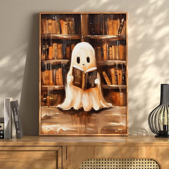 Ghost Reading Book Poster Cozy Library Wall Art Unframed Paper Print