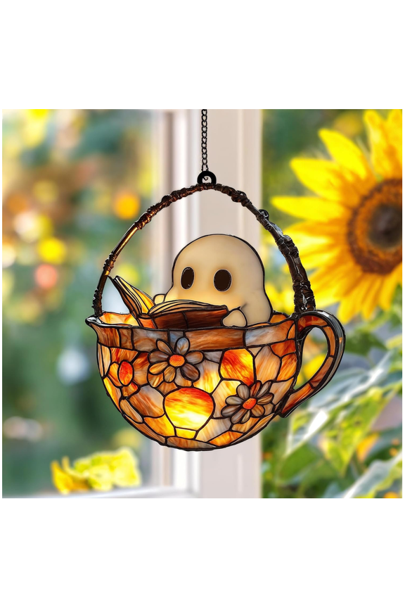 Ghost Reading Book Stained Glass Window Hanging Sun Catcher Book, 2D Cute Window Hanging Books Spooky Decor, Book Art Decor, Funny Ghost Gift for Family or Friend, Spooky Holiday Ornaments (B)