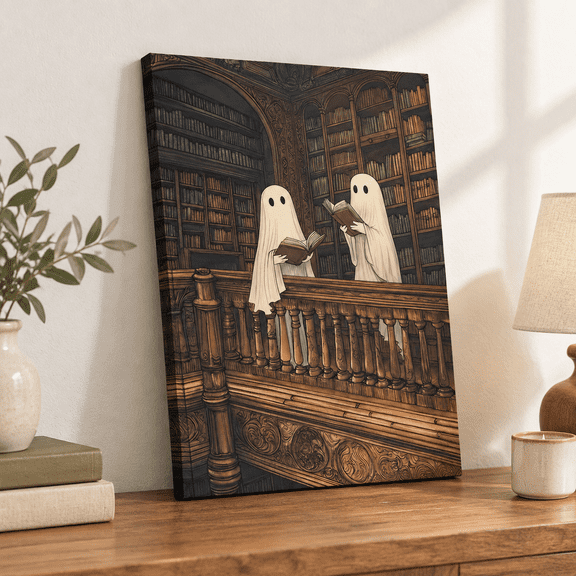 Ghost Reading Books Framed Canvas Print, 12x16 Inch Gothic Dark Academia Wall Art