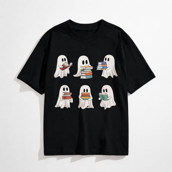 Ghost Reading Books Teacher Halloween Librarian Cute Boook T-Shirt
