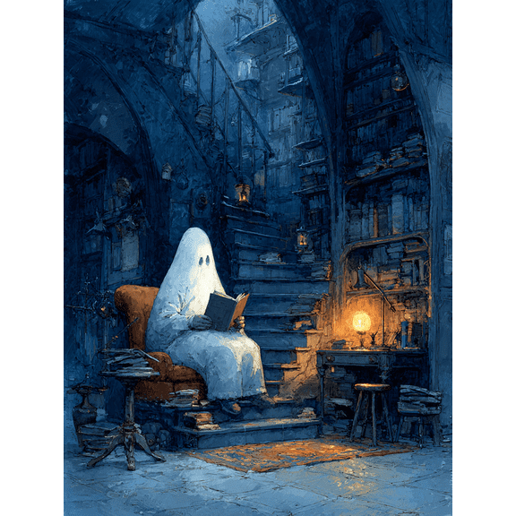 Ghost Reading In Library Canvas Print, Dark Academia Spooky Book Lover Gothic Halloween Home Wall Decor