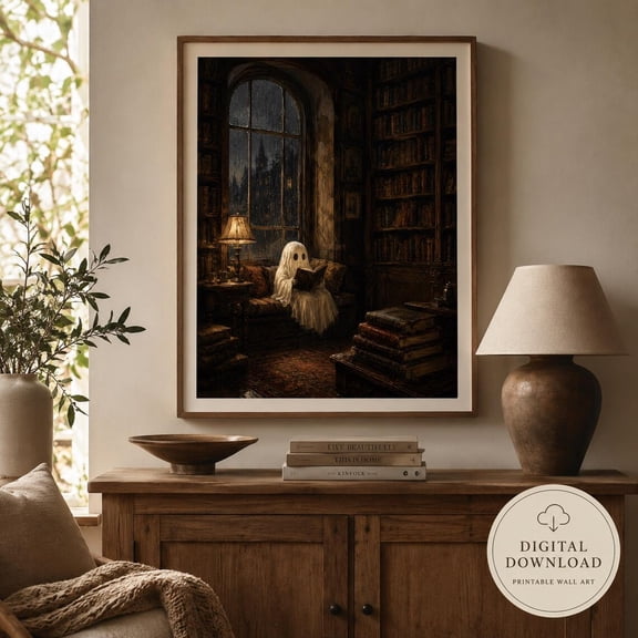 Ghost Reading In Library Wall Art Print, Unframed Paper Poster 8x10in