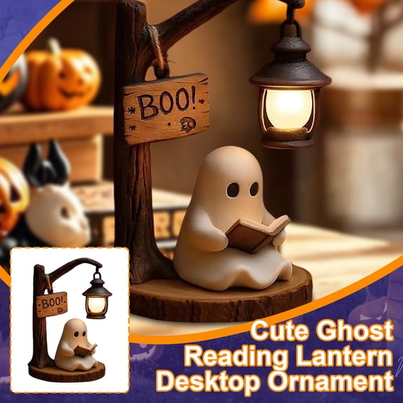 Ghost Reading Lantern Tabletop Figurine Resin Desk Decor Hanging Lamp Boo Sign Miniature Display for Shelf Mantel