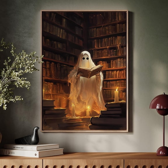 Ghost Reading In Library Wall Art – Gothic Book Lover Print With Candles – Spooky Academia Decor For Or Cozy Haunted Homes Wall Art, Modern Wall Decor, 24x36 UNFRAMED