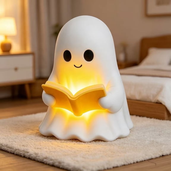 Ghost Reading Night Light, Spooky Tabletop Ornament, Halloween Mood Lamp for Bedroom Shelf, Warm LED Glow for Cozy Atmosphere, Dark Academia Desk Decor