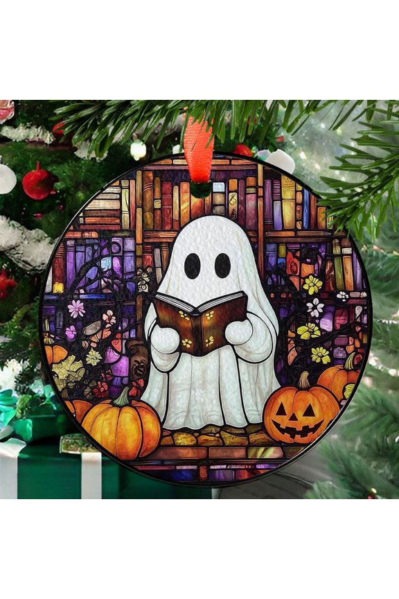 Ghost Reading in Pumpkin Library Glass Suncatcher  Halloween Book Decor, Spooky Fall Window Art, Cute Gift for Autumn Book Lovers, Stained Glass Ornament 2025, Holiday