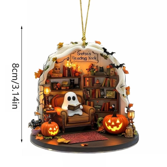 Ghost Reading Scene Hanging Ornament with Halloween Theme for Door and Wall Decor with Playful Holiday Enhancement