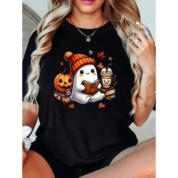 Ghost Reading T-Shirt Book Lovers Halloween Graphic Tee Cotton Comfort Fit Top Short Sleeve Crew Neck Black S-5XL