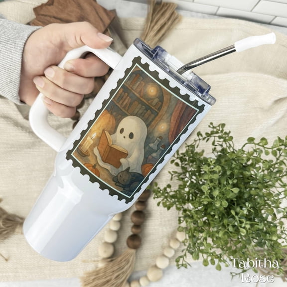 Ghost Reading Tumbler, 40oz Stainless Steel Tumbler, Cozy Halloween Gift for Book Lovers, Black Cat Fall Cup, Spooky Cute Reading Tumbler
