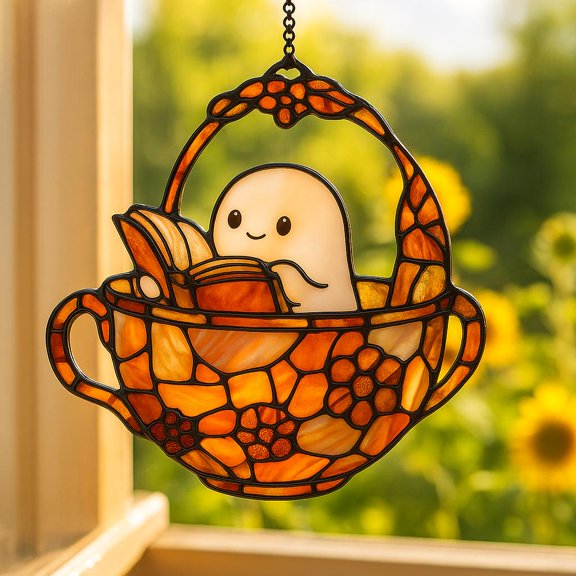 Ghost Reading in Teacup Suncatcher, Faux Halloween Window Decor, Bookish Acrylic Ornament, Halloween Bookish Gift, Spooky Home
