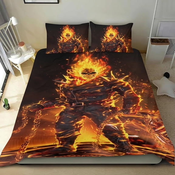 Ghost Rider Themed Bed Sheet Set Three Piece Set 53x79 In ches Comfortable And Skin Friendly Unique Design Creating A Star Studded Night Home Decor Gifts For Family Friends fans