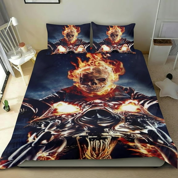 Ghost Rider Themed Bed Sheet Set Three Piece Set 68x86 In ches Comfortable And Skin Friendly Unique Design Creating A Star Studded Night Home Decor Gifts For Family Friends fans