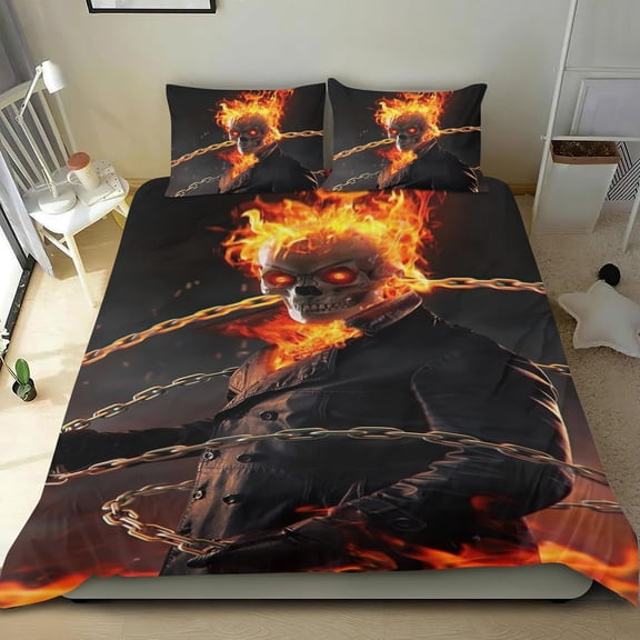 Ghost Rider Themed Bed Sheet Set Three Piece Set 78x86 In ches Comfortable And Skin Friendly Unique Design Creating A Star Studded Night Home Decor Gifts For Family Friends fans