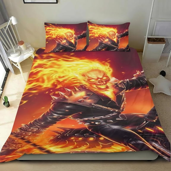 Ghost Rider Themed Bed Sheet Set Three Piece Set 78x86 In ches Comfortable And Skin Friendly Unique Design Creating A Star Studded Night Home Decor Gifts For Family Friends fans