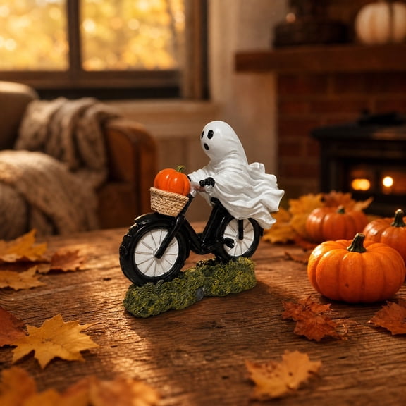 Ghost Riding Bicycle Figurine, Halloween Ghost Figurine Ghost Decor, Halloween Decorations Funny Ghost Statue,Cute Spooky Resin Mini Ghost Figurines, Resin Ghost On Bike for Living Room Home Decor