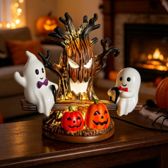 Ghost Seesaw Nightlight,Halloween Haunted Tree Warm Glow Night Light,3D Spooky Pumpkin Ghost Figurine Night Light for Halloween Decor
