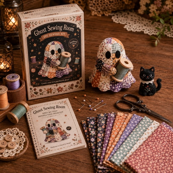 Ghost Sewing Room DIY Patchwork Ghost Craft Kit - Halloween Sewing & Quilting Project for Hobbyists, Complete Hand Stitch Set with Precut Fabric,G
