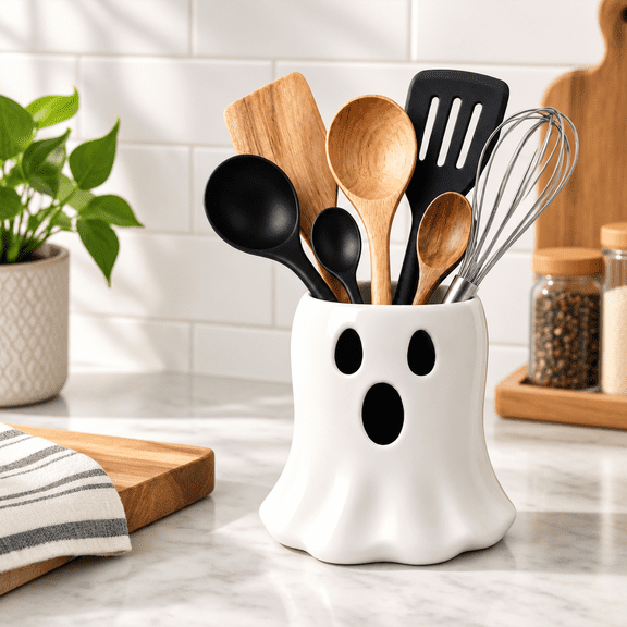 Ghost Shaped Kitchen Utensil Holder, Cute Spooky Countertop Organizer