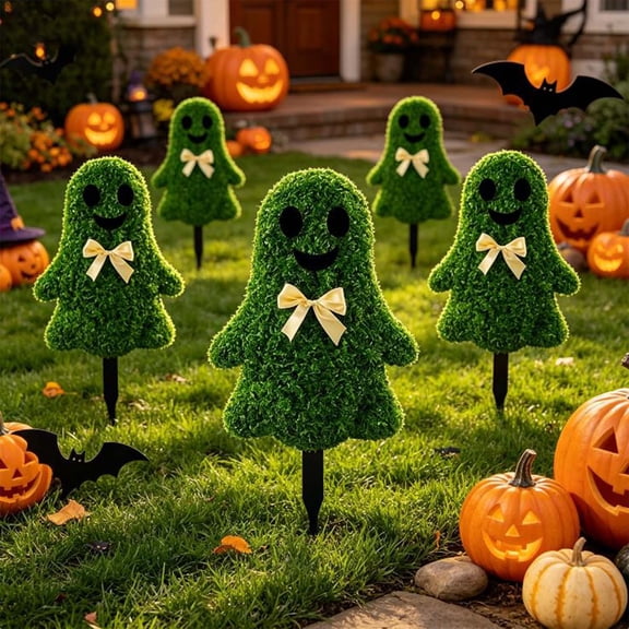 Ghost Shaped Outdoor Artificial Topiary Tree with Ground Spike, Spooky Potted Shrub Decoration for Halloween Yard
