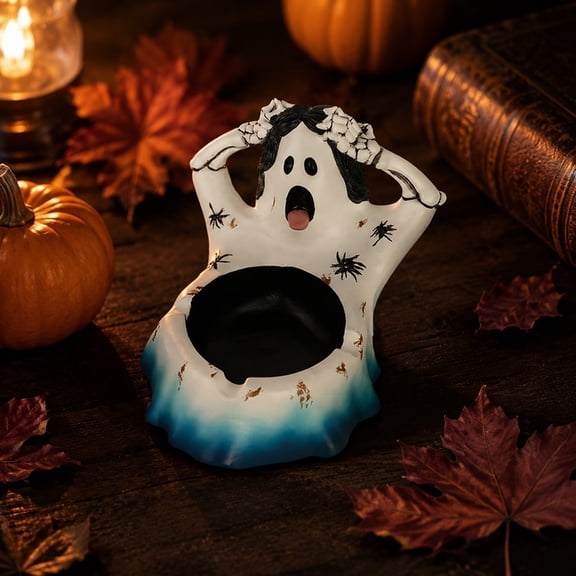 Ghost Shaped Resin Ashtray, Spooky Halloween Decorative Ash Tray with Notches, Funny Ghost Figurine Tabletop Decor for Home Bar, Office, Patio, Unique Gift for Smokers and Halloween Enthusiasts