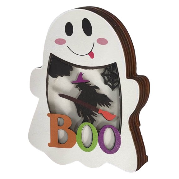 Ghost Shaped Wooden Desktop Decoration With Built-In Led Lights And Intricate Witch Broom Spider Web "Boo" Design, Glowing Illumination Creates Spooky Haunted Ambiance