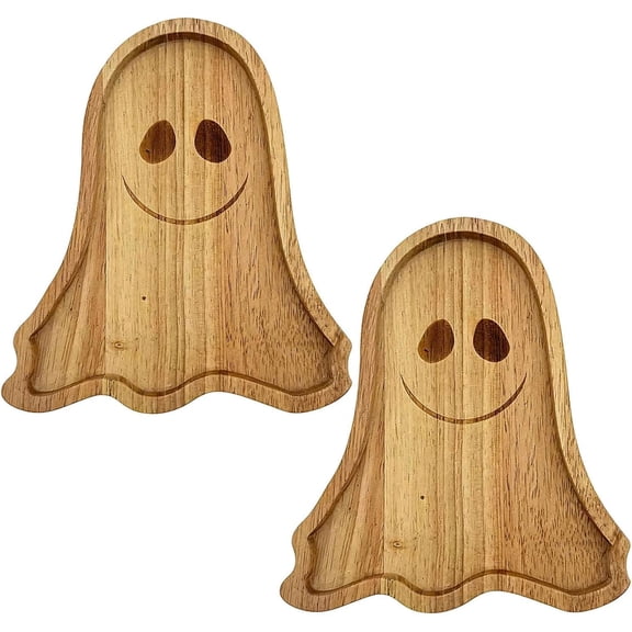 Ghost Shaped Wooden Serving Tray, Solid Wood Candy Dish with Raised Edge, Halloween Party Decor