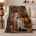 thumbnail image 1 of Ghost Sitting Armchair By Fireplace Halloween, Cozy Pet Portrait Pattern, Warm Flannel Blanket for Living Room and Reading Nook, Cat Lovers Halloween Gift, Pet Lover Home Decor, 1 of 9