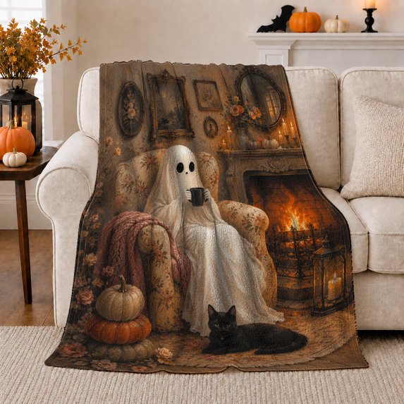 Ghost Sitting Armchair By Fireplace Halloween, Cozy Pet Portrait Pattern, Warm Flannel Blanket for Living Room and Reading Nook, Cat Lovers Halloween Gift, Pet Lover Home Decor