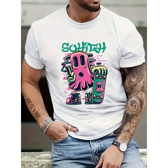 Ghost & Skateboard Pattern T-shirt, Men's Casual Street Style Stretch Round Neck Tee Shirt For Summer
