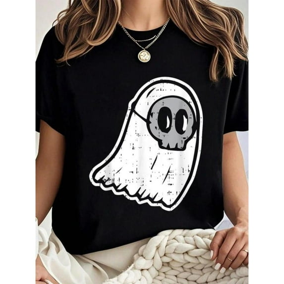 Ghost Skull Mask Halloween Costume T-Shirt for Women, Graphic Tees, Comfort Tops, Creepy Skull Design,Funny,cotton,black,S-5XL
