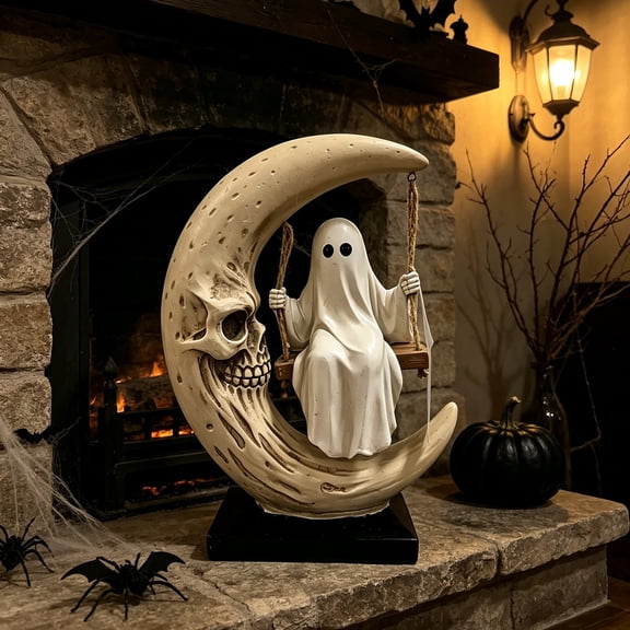 Ghost Skull Moon Swing Halloween Decor, Crescent Moon Ghost Figurine for Tabletop, Shelf, Mantel and Spooky Season Display