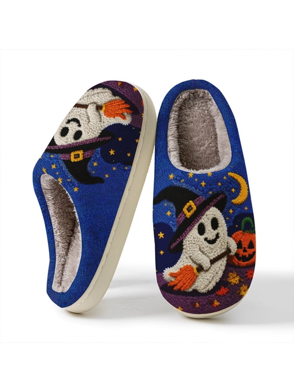Ghost Slippers For Women Cute Halloween House Shoes Cozy Fleece Lined Closed Toe Slides Non Slip Soft Sole Indoor Winter Footwear