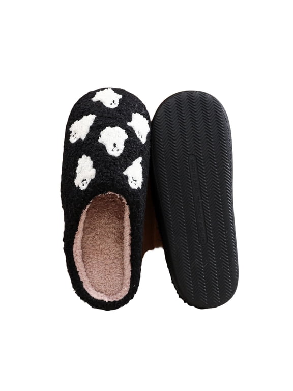 Ghost Slippers Goth Slippers for Women Men Fluffy Plush Warm House Shoes with Memory Foam Non-Slip Soft Comfy Indoor Outdoor Bedroom Bathroom Footwear Cute Halloween Spooky Design,Black 44(US-9.5)