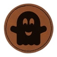 thumbnail image 1 of Ghost Smiling Halloween 2.5" Faux Leather Round Engraved Iron-On Patch - Brown, 1 of 6