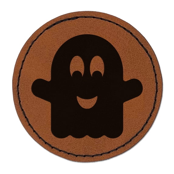 Ghost Smiling Halloween 2.5" Faux Leather Round Engraved Iron-On Patch - Brown