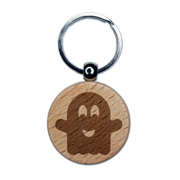 Ghost Smiling Halloween Round Keychain Charm Tag - Engraved Wood
