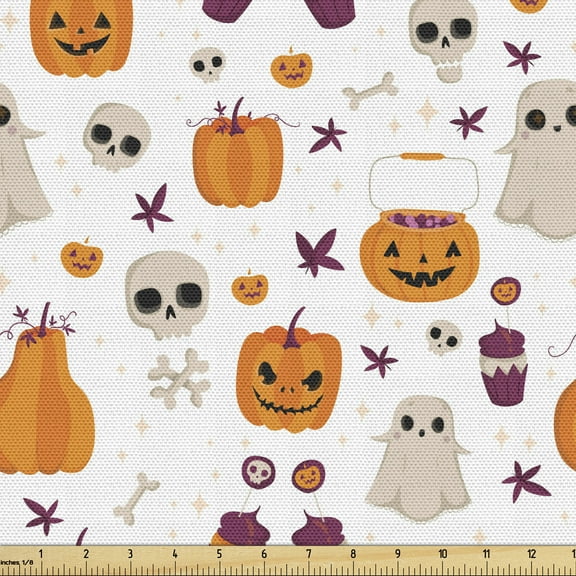 Ghost Sofa Upholstery Fabric by the Yard, Cartoon Pattern of Pumpkin Ghost Skull Other Elements Inspired by Halloween Party, Decorative Fabric for DIY & Home Accents, 3 Yards, Multicolor by Ambesonne