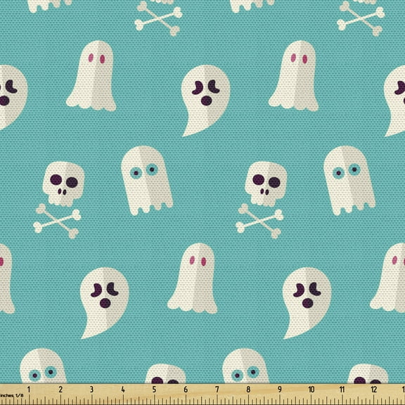 Ambesonne Ghost Fabric by the Yard Upholstery, Scary Spirits Skulls Bones, 1 Yard, Turquoise and Eggshell