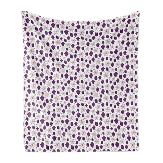 Ghost Soft Flannel Fleece Throw Blanket, Halloween Party Themed Pattern with Owl and Spider Webs on White, Cozy Plush for Indoor and Outdoor Use, 50" x 60", Purple Orange and White, by Ambesonne