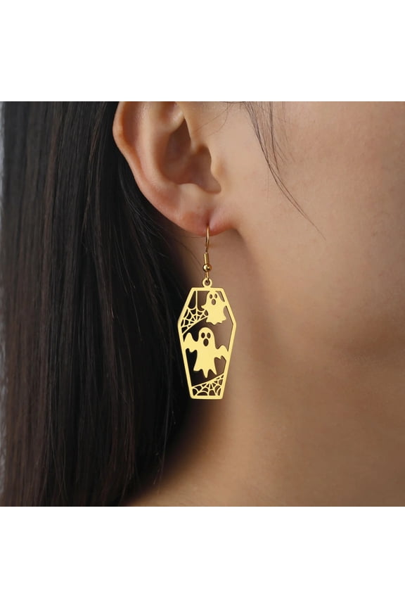 Ghost Spider Coffin Goth Earrings for Women 14K Yellow Gold Dangle Earring Gothic Jewelry Cosplay Halloween Party Gift New