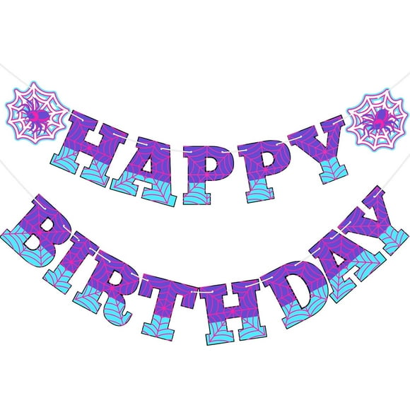 Ghost Spider Theme Birthday Banner Decorations Pre-strung Spider Web Happy Birthday Banner Flags Sign Cartoon Backdrop Party Supplies Favors (Pink Blue)