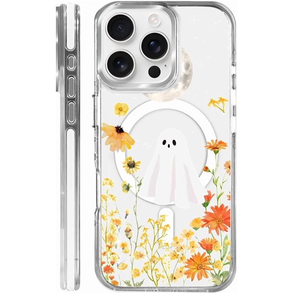 Ghost Spooky Moon Phone Case Compatible with iPhone 16 Pro, Decorative Printed Design, Magnetic Design, TPU, Clear Finish, Slim Profile, Patterned Phone Cover for Everyday Use