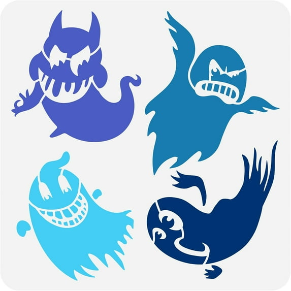 Ghost Stencil 11.8x11.8 inch Ghost Face Painting Stencil Plastic 4 Styles Ghost Pattern Stencil Halloween Decoration Stencil for Painting Art DIY Furniture Wall Floor Home Wooden Signs