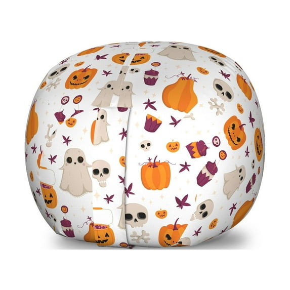 Ghost Storage Toy Bag Chair, Cartoon Pattern of Pumpkin Ghost Skull and Other Elements Inspired by Halloween Party, Stuffed Animal Organizer Washable Bag, Small Size, Multicolor, by Ambesonne