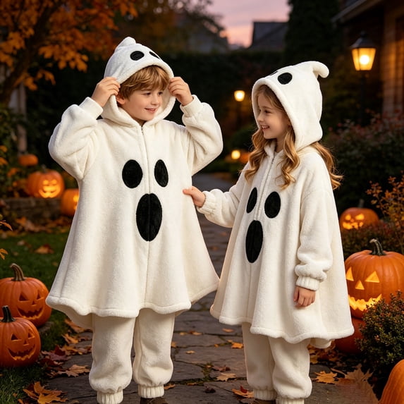 Ghost Sweatsuit For Kids Halloween Flannel Hoodies And Sweatpants Cute Halloween Outfits(White,110)