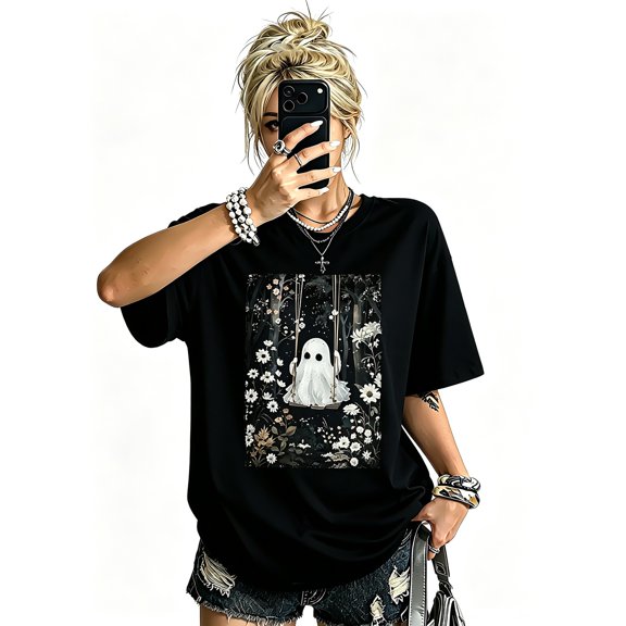 A Ghost Swinging On A Black Background With Flowers, Featuring A Cottagecore Aesthetic For Halloween, Printed On A Short-Sleeve Crew Neck Casual T-Shi